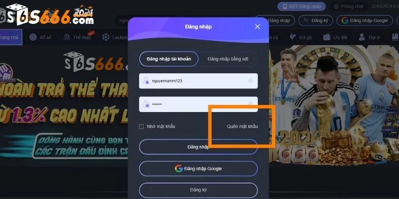 Nhấn vào ô “Quên mật khẩu” để lấy lại password